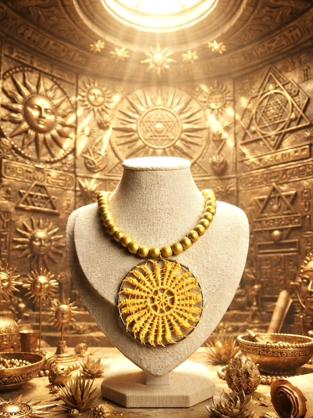 One of a kind Gold-Tone Wood Beaded Necklace with Radiant Sun Crochet Pendant